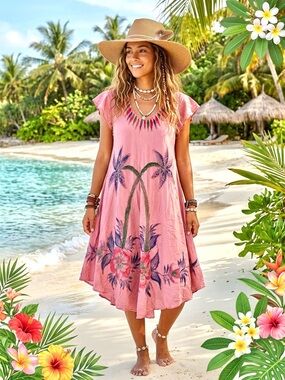 Boho Pink Floral Maxi Dress/beach cover up w resort tropical beach vacay vibe